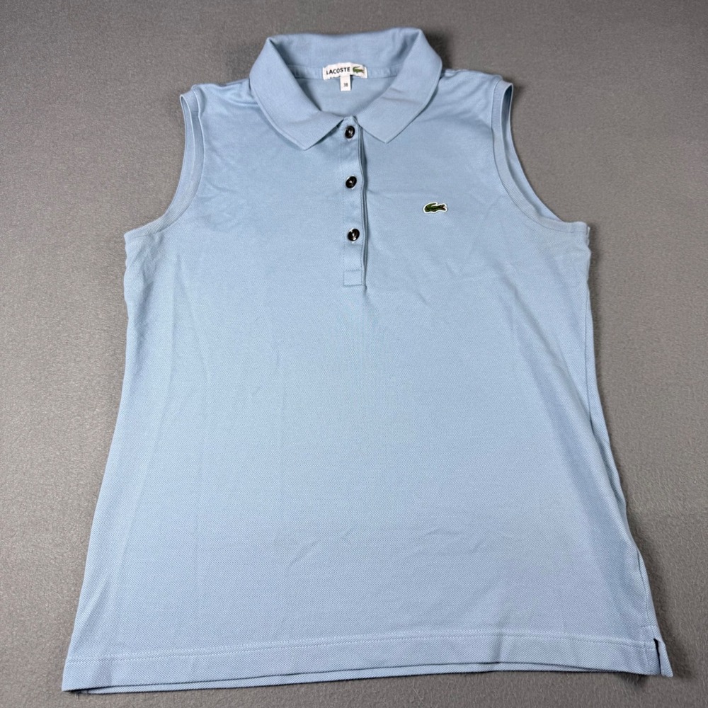 Lacoste Womens Sleeveless Polo Shirt Size 38 Light Blue Pique Knit Logo Tank